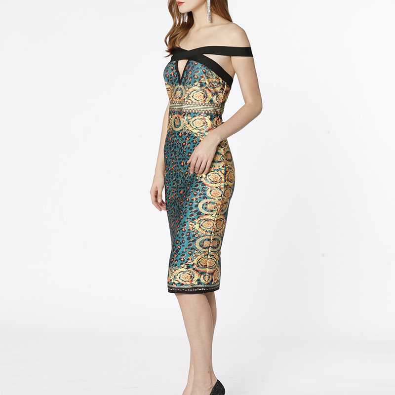 Custom green hollow out off shoulder animal print leopard women evening party sexy bodycon bandage dress