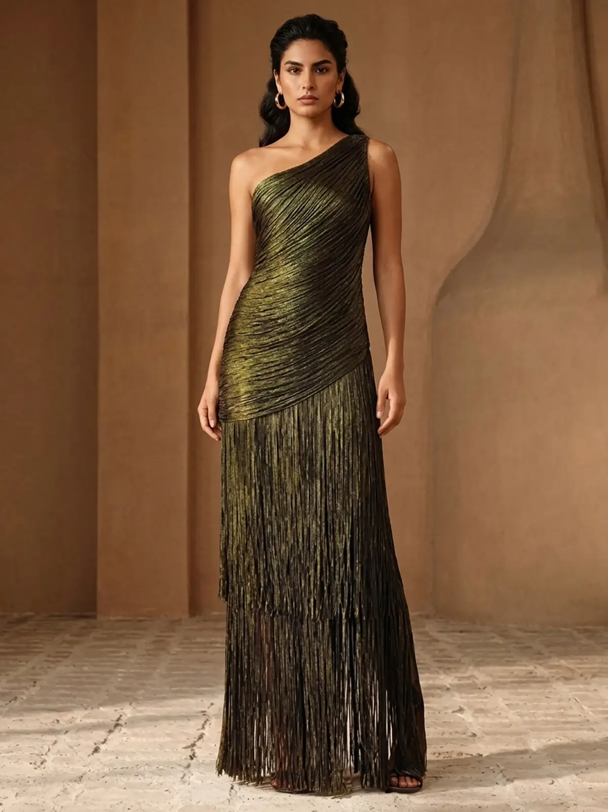 Iridescent Metallic One-Shoulder Maxi Gown