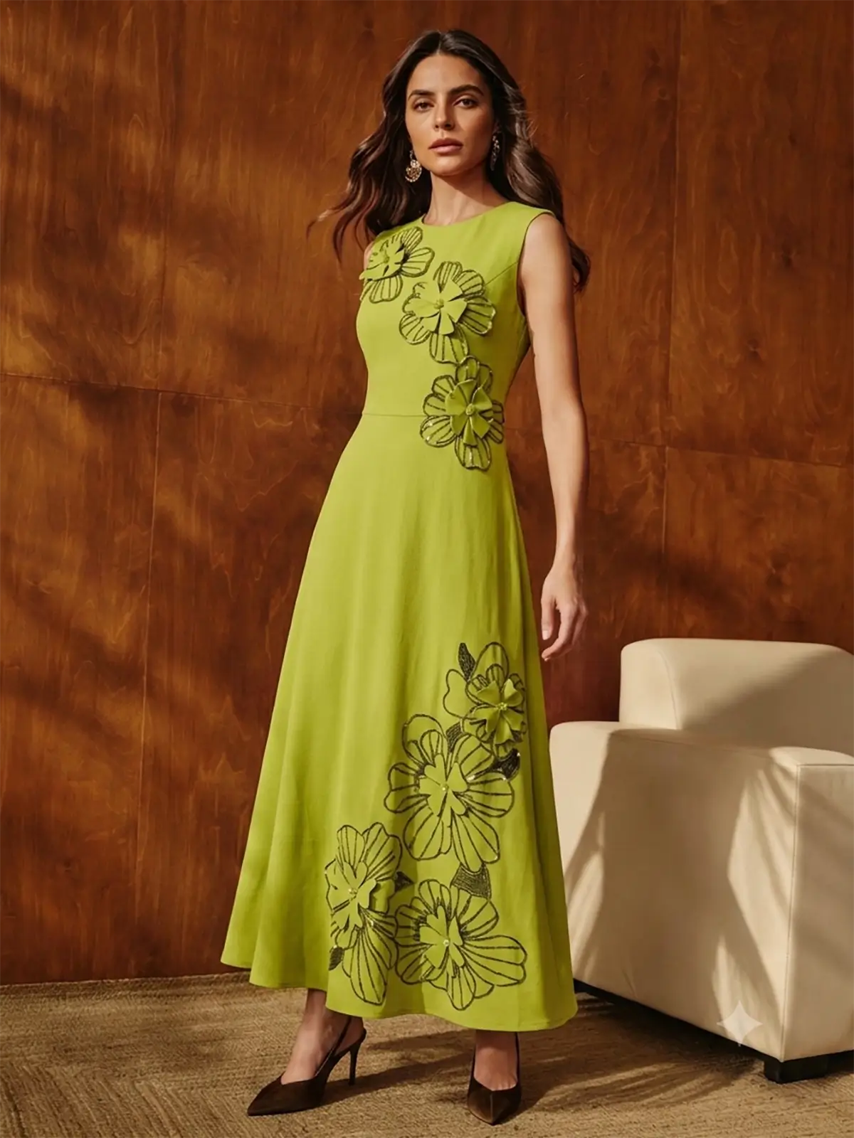 Avocado Green 3D Applique Woven Dress
