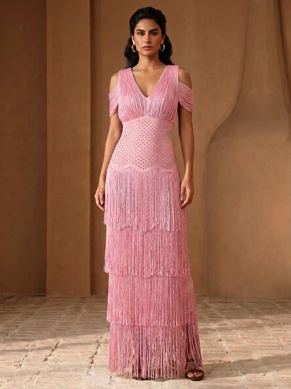 Peach Pink Rhinestone Fringe Midi Gown