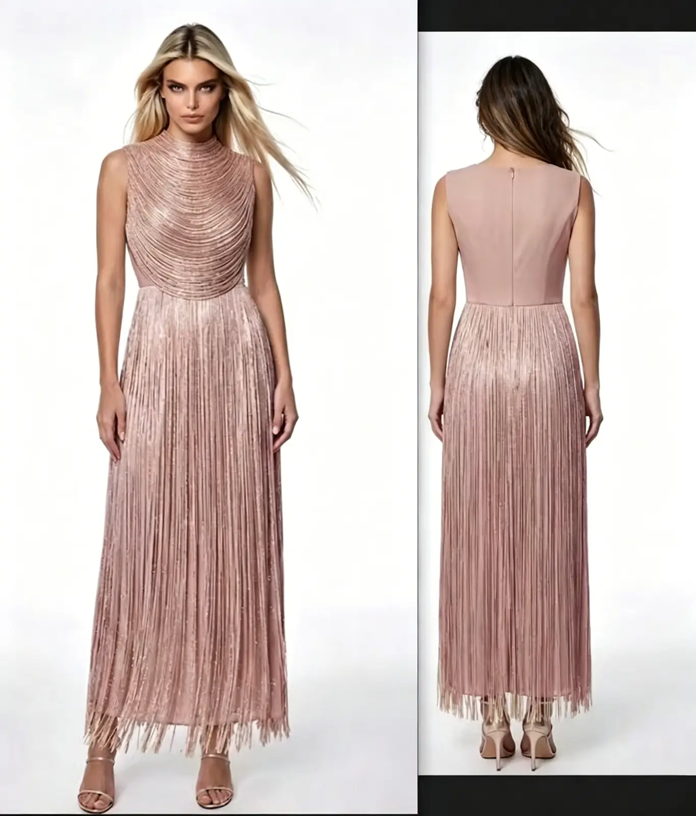 Dusty Pink Shimmer Fringe Gown