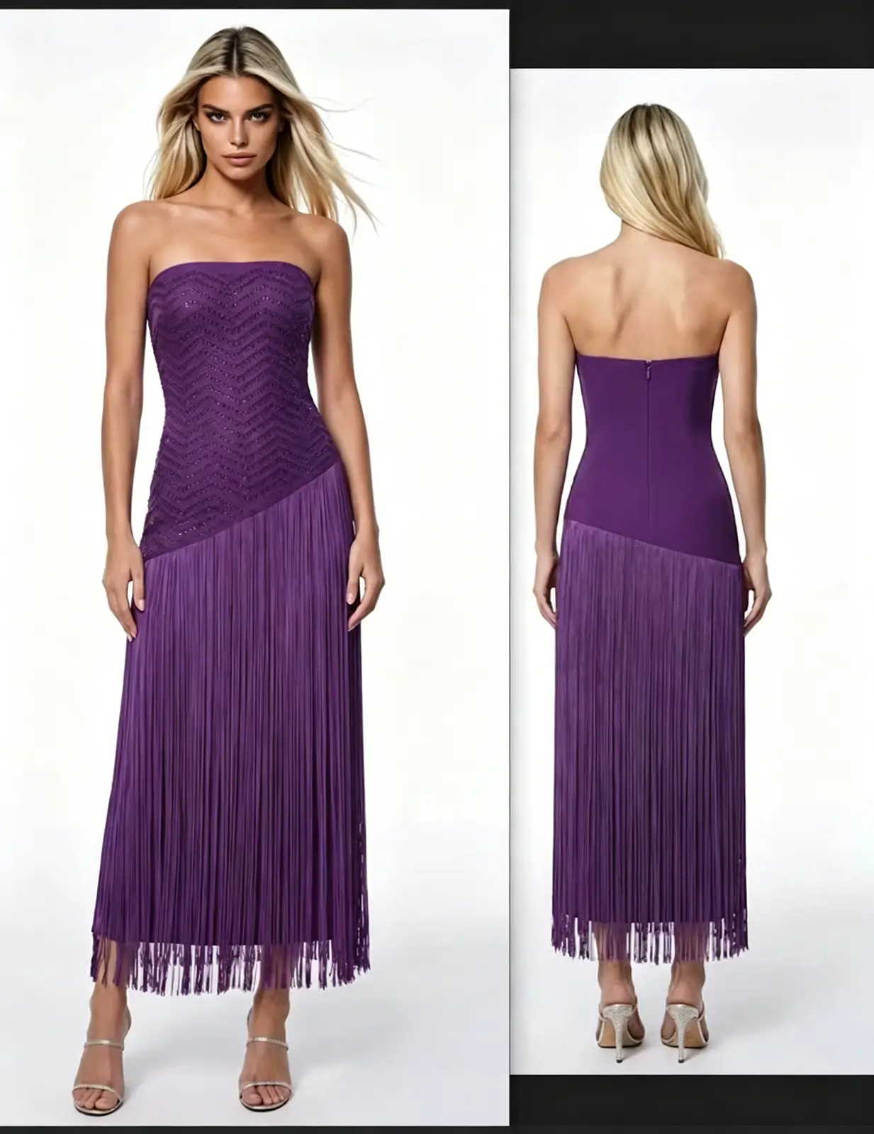 Violet Rhinestone Asymmetrical Fringe Dress